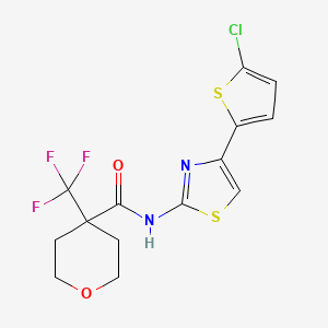 molecular formula C14H12ClF3N2O2S2 B7006889 N-[4-(5-chlorothiophen-2-yl)-1,3-thiazol-2-yl]-4-(trifluoromethyl)oxane-4-carboxamide 