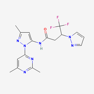 molecular formula C17H18F3N7O B7007291 N-[2-(2,6-dimethylpyrimidin-4-yl)-5-methylpyrazol-3-yl]-4,4,4-trifluoro-3-pyrazol-1-ylbutanamide 
