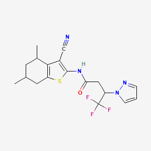 molecular formula C18H19F3N4OS B7007609 N-(3-cyano-4,6-dimethyl-4,5,6,7-tetrahydro-1-benzothiophen-2-yl)-4,4,4-trifluoro-3-pyrazol-1-ylbutanamide 