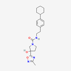 molecular formula C22H30N4O3 B7011158 N-[2-(4-cyclohexylphenyl)ethyl]-3-hydroxy-3-(3-methyl-1,2,4-oxadiazol-5-yl)pyrrolidine-1-carboxamide 