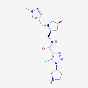 molecular formula C18H27FN8O B7011511 N-[[(2S,4S)-4-fluoro-1-[(1-methylpyrazol-4-yl)methyl]pyrrolidin-2-yl]methyl]-5-methyl-1-pyrrolidin-3-yltriazole-4-carboxamide 