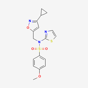 molecular formula C17H17N3O4S2 B7012495 N-[(3-cyclopropyl-1,2-oxazol-5-yl)methyl]-4-methoxy-N-(1,3-thiazol-2-yl)benzenesulfonamide 