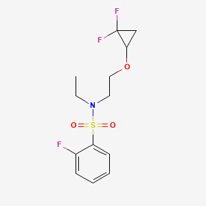 molecular formula C13H16F3NO3S B7012499 N-[2-(2,2-difluorocyclopropyl)oxyethyl]-N-ethyl-2-fluorobenzenesulfonamide 
