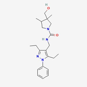 molecular formula C22H32N4O2 B7013360 N-[(3,5-diethyl-1-phenylpyrazol-4-yl)methyl]-3-(hydroxymethyl)-3,4-dimethylpyrrolidine-1-carboxamide 