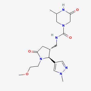 molecular formula C18H28N6O4 B7014149 N-[[(2S,3R)-1-(2-methoxyethyl)-2-(1-methylpyrazol-4-yl)-5-oxopyrrolidin-3-yl]methyl]-3-methyl-5-oxopiperazine-1-carboxamide 