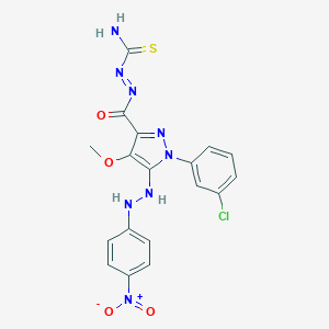 molecular formula C18H15ClN8O4S B070167 1H-Pyrazole-3-carboxylic acid, 1-(3-chlorophenyl)-4-methoxy-5-((4-nitrophenyl)azo)-, 2-(aminothioxomethyl)hydrazide CAS No. 172701-57-4