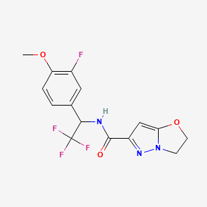 molecular formula C15H13F4N3O3 B7017363 N-[2,2,2-trifluoro-1-(3-fluoro-4-methoxyphenyl)ethyl]-2,3-dihydropyrazolo[5,1-b][1,3]oxazole-6-carboxamide 