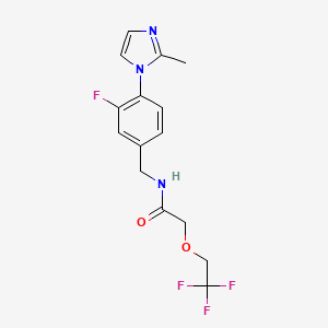 molecular formula C15H15F4N3O2 B7017698 N-[[3-fluoro-4-(2-methylimidazol-1-yl)phenyl]methyl]-2-(2,2,2-trifluoroethoxy)acetamide 