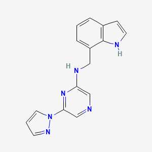 molecular formula C16H14N6 B7020769 N-(1H-indol-7-ylmethyl)-6-pyrazol-1-ylpyrazin-2-amine 