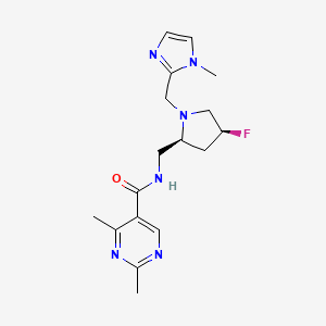 molecular formula C17H23FN6O B7021071 N-[[(2S,4S)-4-fluoro-1-[(1-methylimidazol-2-yl)methyl]pyrrolidin-2-yl]methyl]-2,4-dimethylpyrimidine-5-carboxamide 