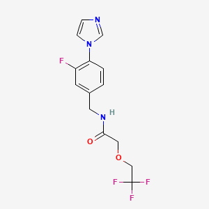 molecular formula C14H13F4N3O2 B7025730 N-[(3-fluoro-4-imidazol-1-ylphenyl)methyl]-2-(2,2,2-trifluoroethoxy)acetamide 
