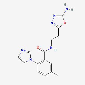molecular formula C15H16N6O2 B7031160 N-[2-(5-amino-1,3,4-oxadiazol-2-yl)ethyl]-2-imidazol-1-yl-5-methylbenzamide 