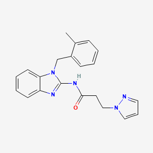 molecular formula C21H21N5O B7031663 N-[1-[(2-methylphenyl)methyl]benzimidazol-2-yl]-3-pyrazol-1-ylpropanamide 