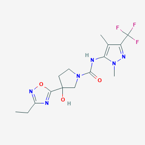molecular formula C15H19F3N6O3 B7033753 N-[2,4-dimethyl-5-(trifluoromethyl)pyrazol-3-yl]-3-(3-ethyl-1,2,4-oxadiazol-5-yl)-3-hydroxypyrrolidine-1-carboxamide 