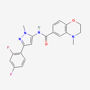 molecular formula C20H18F2N4O2 B7034600 N-[5-(2,4-difluorophenyl)-2-methylpyrazol-3-yl]-4-methyl-2,3-dihydro-1,4-benzoxazine-6-carboxamide 
