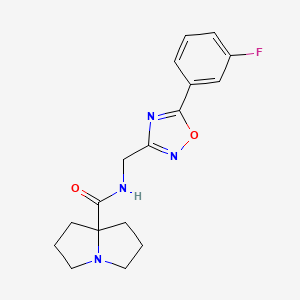 molecular formula C17H19FN4O2 B7037902 N-[[5-(3-fluorophenyl)-1,2,4-oxadiazol-3-yl]methyl]-1,2,3,5,6,7-hexahydropyrrolizine-8-carboxamide 