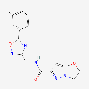 molecular formula C15H12FN5O3 B7037911 N-[[5-(3-fluorophenyl)-1,2,4-oxadiazol-3-yl]methyl]-2,3-dihydropyrazolo[5,1-b][1,3]oxazole-6-carboxamide 