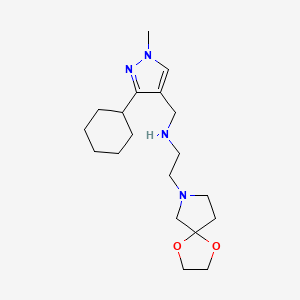 molecular formula C19H32N4O2 B7045894 N-[(3-cyclohexyl-1-methylpyrazol-4-yl)methyl]-2-(1,4-dioxa-7-azaspiro[4.4]nonan-7-yl)ethanamine 