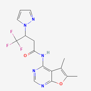 molecular formula C15H14F3N5O2 B7047806 N-(5,6-dimethylfuro[2,3-d]pyrimidin-4-yl)-4,4,4-trifluoro-3-pyrazol-1-ylbutanamide 