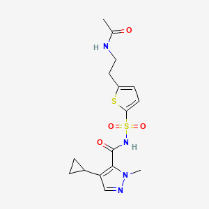 molecular formula C16H20N4O4S2 B7047900 N-[5-(2-acetamidoethyl)thiophen-2-yl]sulfonyl-4-cyclopropyl-2-methylpyrazole-3-carboxamide 