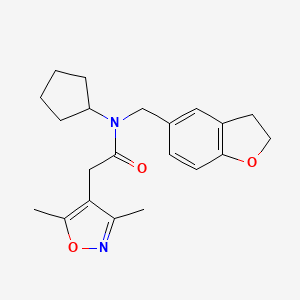molecular formula C21H26N2O3 B7054245 N-cyclopentyl-N-(2,3-dihydro-1-benzofuran-5-ylmethyl)-2-(3,5-dimethyl-1,2-oxazol-4-yl)acetamide 