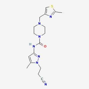 molecular formula C17H23N7OS B7057380 N-[1-(2-cyanoethyl)-5-methylpyrazol-3-yl]-4-[(2-methyl-1,3-thiazol-4-yl)methyl]piperazine-1-carboxamide 
