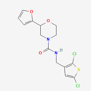 molecular formula C14H14Cl2N2O3S B7058279 N-[(2,5-dichlorothiophen-3-yl)methyl]-2-(furan-2-yl)morpholine-4-carboxamide 