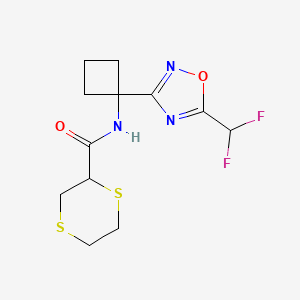 molecular formula C12H15F2N3O2S2 B7059753 N-[1-[5-(difluoromethyl)-1,2,4-oxadiazol-3-yl]cyclobutyl]-1,4-dithiane-2-carboxamide 