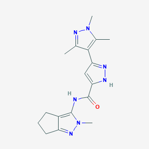 molecular formula C17H21N7O B7060442 N-(2-methyl-5,6-dihydro-4H-cyclopenta[c]pyrazol-3-yl)-3-(1,3,5-trimethylpyrazol-4-yl)-1H-pyrazole-5-carboxamide 
