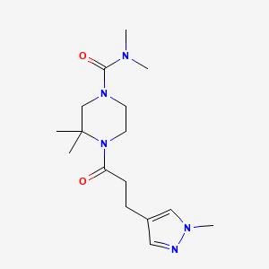 molecular formula C16H27N5O2 B7061103 N,N,3,3-tetramethyl-4-[3-(1-methylpyrazol-4-yl)propanoyl]piperazine-1-carboxamide 