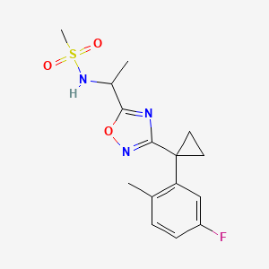 molecular formula C15H18FN3O3S B7065861 N-[1-[3-[1-(5-fluoro-2-methylphenyl)cyclopropyl]-1,2,4-oxadiazol-5-yl]ethyl]methanesulfonamide 