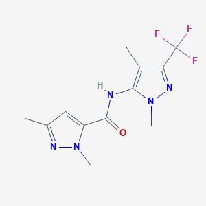 molecular formula C12H14F3N5O B7068787 N-[2,4-dimethyl-5-(trifluoromethyl)pyrazol-3-yl]-2,5-dimethylpyrazole-3-carboxamide 
