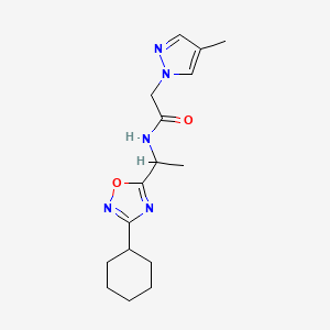 molecular formula C16H23N5O2 B7070229 N-[1-(3-cyclohexyl-1,2,4-oxadiazol-5-yl)ethyl]-2-(4-methylpyrazol-1-yl)acetamide 