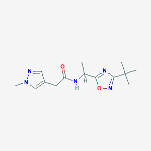 molecular formula C14H21N5O2 B7070270 N-[1-(3-tert-butyl-1,2,4-oxadiazol-5-yl)ethyl]-2-(1-methylpyrazol-4-yl)acetamide 