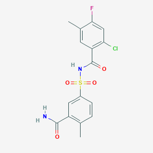 molecular formula C16H14ClFN2O4S B7072459 N-(3-carbamoyl-4-methylphenyl)sulfonyl-2-chloro-4-fluoro-5-methylbenzamide 