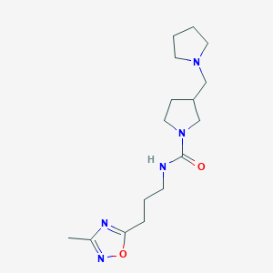 molecular formula C16H27N5O2 B7072518 N-[3-(3-methyl-1,2,4-oxadiazol-5-yl)propyl]-3-(pyrrolidin-1-ylmethyl)pyrrolidine-1-carboxamide 