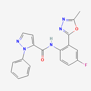 molecular formula C19H14FN5O2 B7072818 N-[4-fluoro-2-(5-methyl-1,3,4-oxadiazol-2-yl)phenyl]-2-phenylpyrazole-3-carboxamide 
