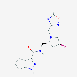 molecular formula C16H21FN6O2 B7073247 N-[[(2S,4S)-4-fluoro-1-[(5-methyl-1,2,4-oxadiazol-3-yl)methyl]pyrrolidin-2-yl]methyl]-1,4,5,6-tetrahydrocyclopenta[c]pyrazole-3-carboxamide 