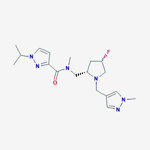 molecular formula C18H27FN6O B7073292 N-[[(2S,4S)-4-fluoro-1-[(1-methylpyrazol-4-yl)methyl]pyrrolidin-2-yl]methyl]-N-methyl-1-propan-2-ylpyrazole-3-carboxamide 