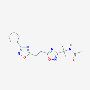 molecular formula C16H23N5O3 B7073802 N-[2-[5-[2-(3-cyclopentyl-1,2,4-oxadiazol-5-yl)ethyl]-1,2,4-oxadiazol-3-yl]propan-2-yl]acetamide 