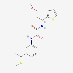 molecular formula C18H22N2O3S2 B7078106 N'-(3-hydroxy-1-thiophen-2-ylpropyl)-N-[3-(1-methylsulfanylethyl)phenyl]oxamide 