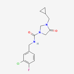 molecular formula C15H17ClFN3O2 B7080869 N-[(3-chloro-4-fluorophenyl)methyl]-3-(cyclopropylmethyl)-4-oxoimidazolidine-1-carboxamide 