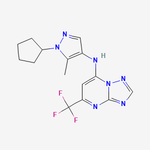 molecular formula C15H16F3N7 B7081272 N-(1-cyclopentyl-5-methylpyrazol-4-yl)-5-(trifluoromethyl)-[1,2,4]triazolo[1,5-a]pyrimidin-7-amine 