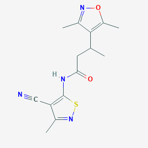 molecular formula C14H16N4O2S B7082294 N-(4-cyano-3-methyl-1,2-thiazol-5-yl)-3-(3,5-dimethyl-1,2-oxazol-4-yl)butanamide 