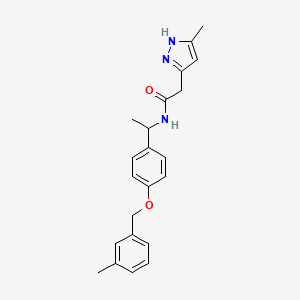 molecular formula C22H25N3O2 B7083836 N-[1-[4-[(3-methylphenyl)methoxy]phenyl]ethyl]-2-(5-methyl-1H-pyrazol-3-yl)acetamide 