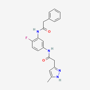 molecular formula C20H19FN4O2 B7083863 N-[2-fluoro-5-[[2-(5-methyl-1H-pyrazol-3-yl)acetyl]amino]phenyl]-2-phenylacetamide 