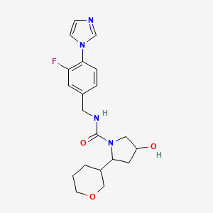 molecular formula C20H25FN4O3 B7086325 N-[(3-fluoro-4-imidazol-1-ylphenyl)methyl]-4-hydroxy-2-(oxan-3-yl)pyrrolidine-1-carboxamide 
