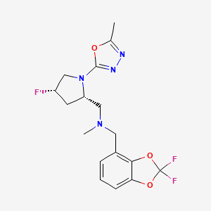 molecular formula C17H19F3N4O3 B7087130 N-[(2,2-difluoro-1,3-benzodioxol-4-yl)methyl]-1-[(2S,4S)-4-fluoro-1-(5-methyl-1,3,4-oxadiazol-2-yl)pyrrolidin-2-yl]-N-methylmethanamine 