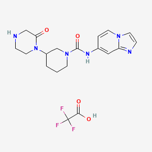 molecular formula C19H23F3N6O4 B7087198 N-imidazo[1,2-a]pyridin-7-yl-3-(2-oxopiperazin-1-yl)piperidine-1-carboxamide;2,2,2-trifluoroacetic acid 