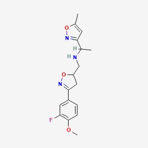 molecular formula C17H20FN3O3 B7091453 N-[[3-(3-fluoro-4-methoxyphenyl)-4,5-dihydro-1,2-oxazol-5-yl]methyl]-1-(5-methyl-1,2-oxazol-3-yl)ethanamine 
